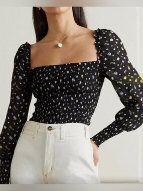 Reformation Black Floral Long Sleeve Smocked Top